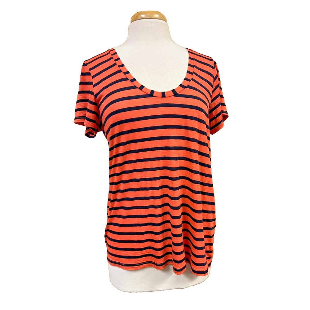 Splendid Scoop Neck Tee Top Poly Cotton Orange Navy Blue Stripe Short Sleeves, L